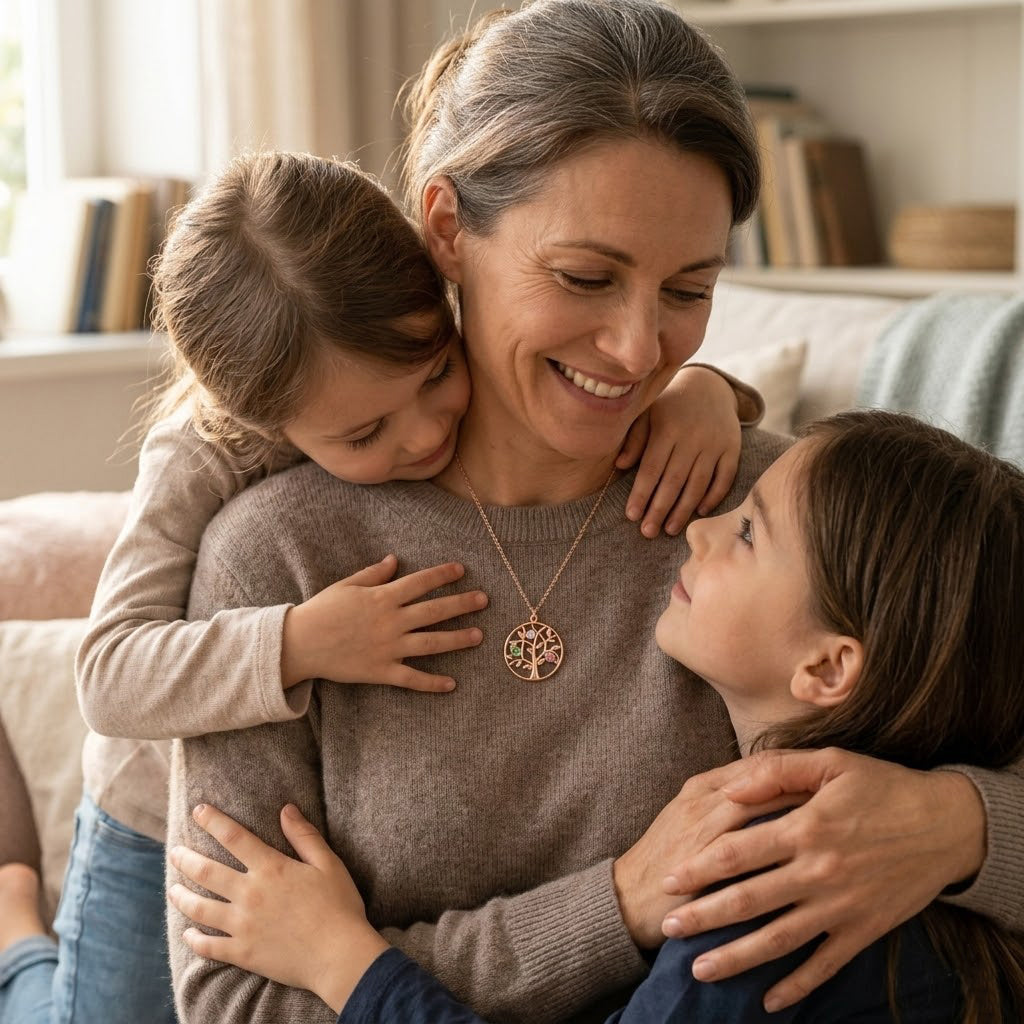 Mother wearing custom birthstone necklace with children, personalized mom necklace, family tree pendant with birthstones, sentimental family jewelry gift, meaningful necklace for mom from kids, Mother’s Day jewelry, custom birthstone family necklace, keepsake pendant representing children and loved ones, elegant personalized jewelry for women, thoughtful gift for mom or grandma, emotional family connection necklace