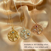 Custom birthstone mom necklace available in sterling silver yellow gold and rose gold, family tree necklace with birthstones, personalized tree of life pendant for mom, custom family jewelry gift, birthstone necklace for mother or grandma, meaningful Mother’s Day jewelry, elegant personalized necklace with colorful stones, family keepsake pendant, gift for women, custom birthstone necklace options for moms, grandmas, wives, and daughters