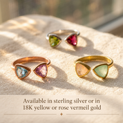 Two stone triangle birthstone rings in sterling silver yellow gold and rose gold
