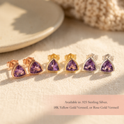 Triangle Amethyst Stud Earrings, Gold or Sterling Silver February Birthstone Gift