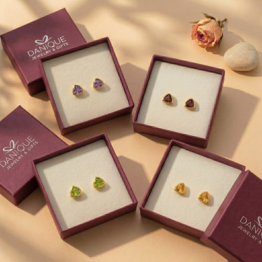 Triangle Amethyst Stud Earrings, Gold or Sterling Silver February Birthstone Gift
