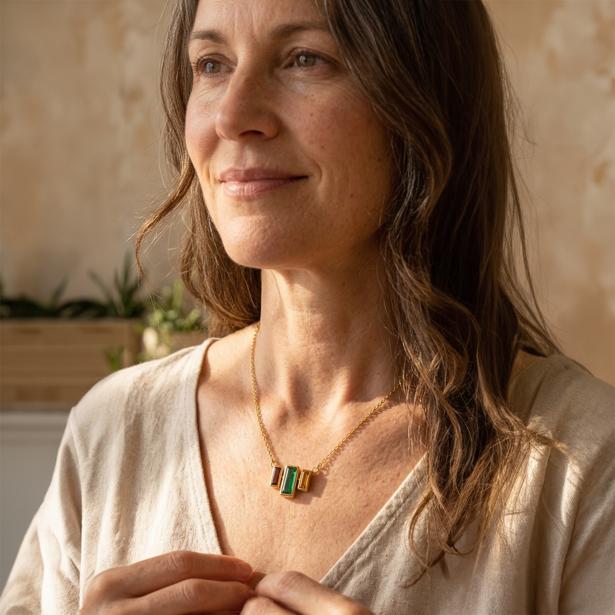 A woman wearing a triple baguette birthstone necklace to represent herself and her children. 