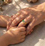 Dainty custom birthstone ring for mom with three faceted stones, family jewelry on hand