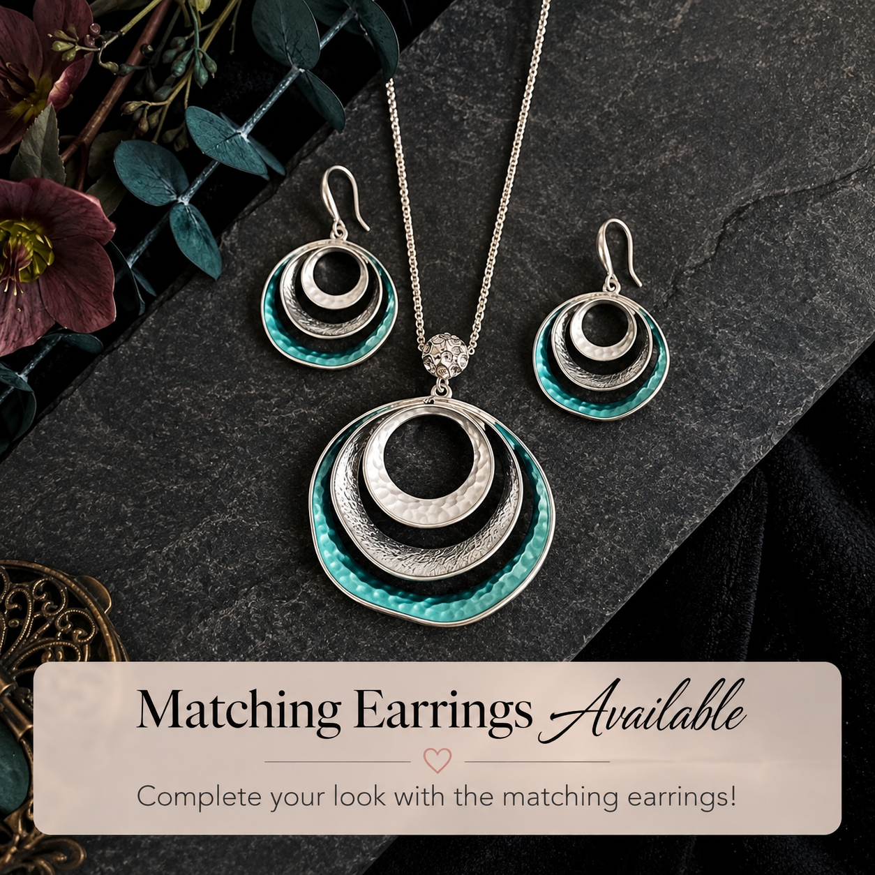 Boho triple circle necklace with matching geometric earrings
