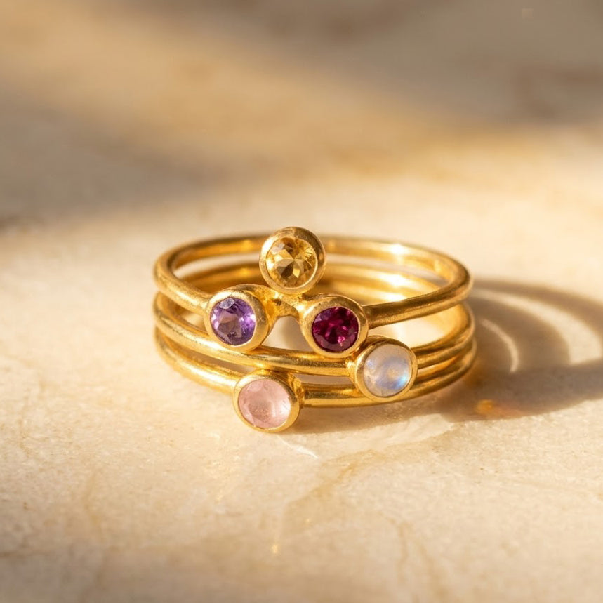 Custom birthstone ring for mom with multiple gemstones gold dainty family stacking ring