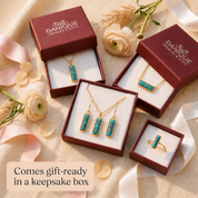 Gift-ready copper turquoise jewelry set displayed in Danique Jewelry keepsake boxes.