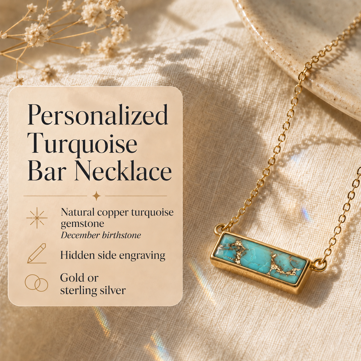 Personalized turquoise bar necklace with natural copper turquoise gemstone and hidden side engraving.

