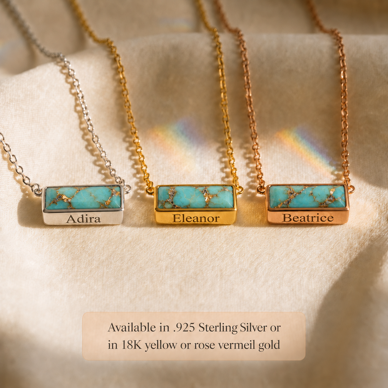 Personalized turquoise bar necklaces with engraved names in silver, yellow gold and rose gold finishes.

