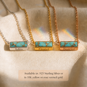 Personalized turquoise bar necklaces with engraved names in silver, yellow gold and rose gold finishes.

