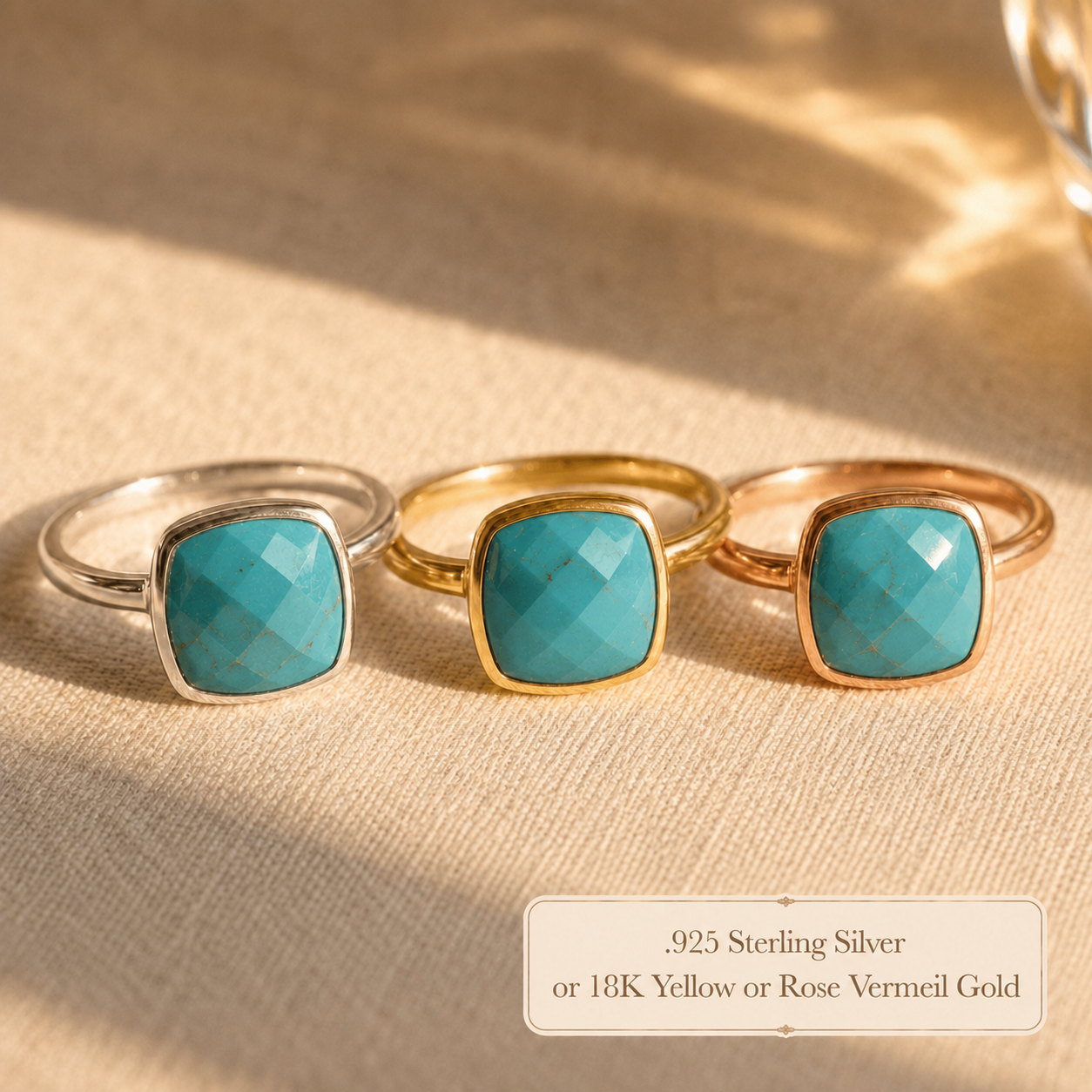 Turquoise cushion rings shown in sterling silver, yellow gold, and rose gold finishes.