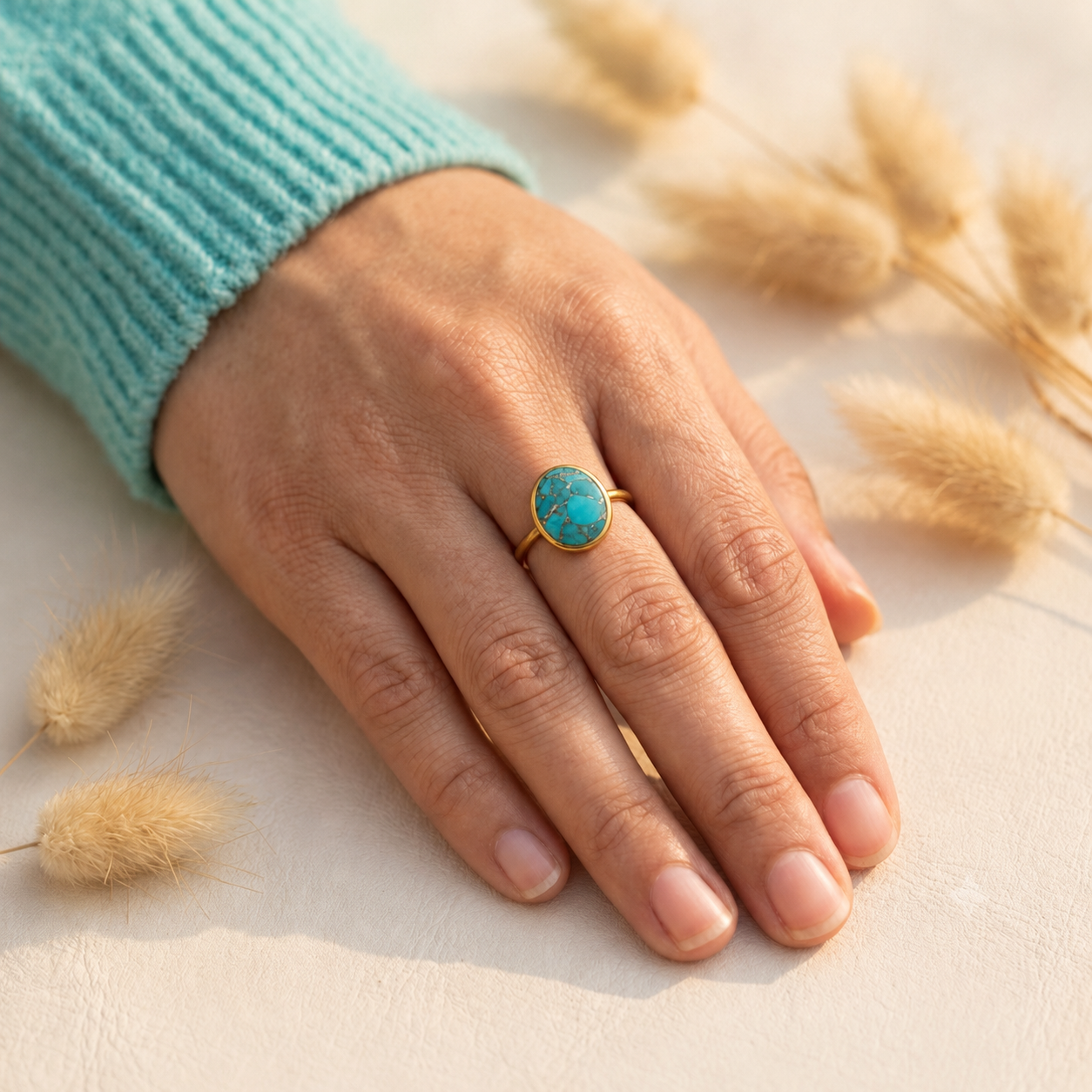 Woman’s hand wearing a gold oval turquoise ring beside dried grasses on a softly lit neutral surface.