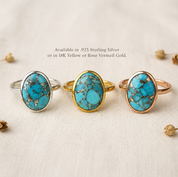 Three oval turquoise rings shown in sterling silver, yellow gold vermeil and rose gold vermeil finishes.