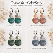 Double disc earring color options in Teal Green Silver Blush Pink Rose Gold Sage Green and Storm Blue