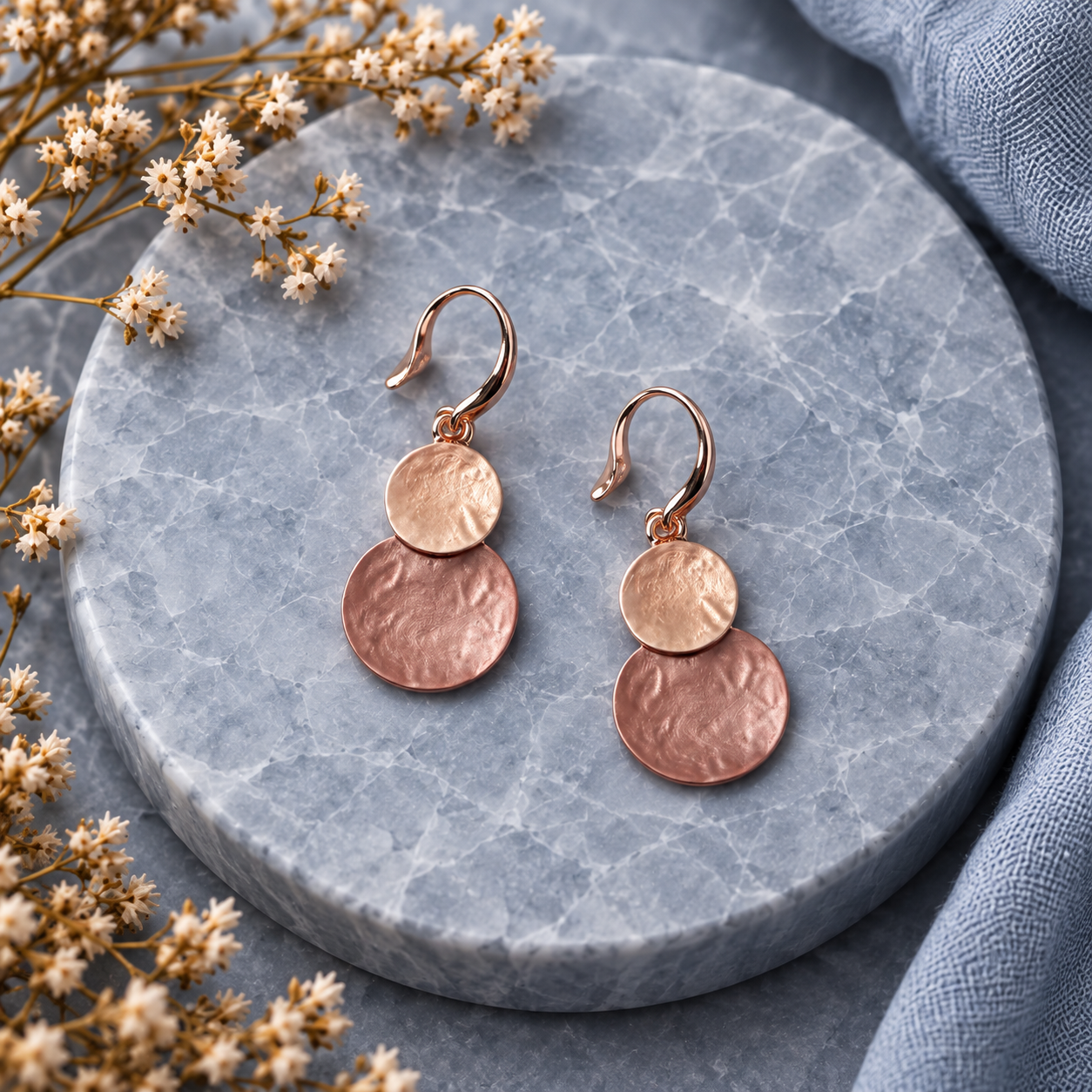 Blush Pink and Rose Gold hammered double disc earrings displayed on gray stone