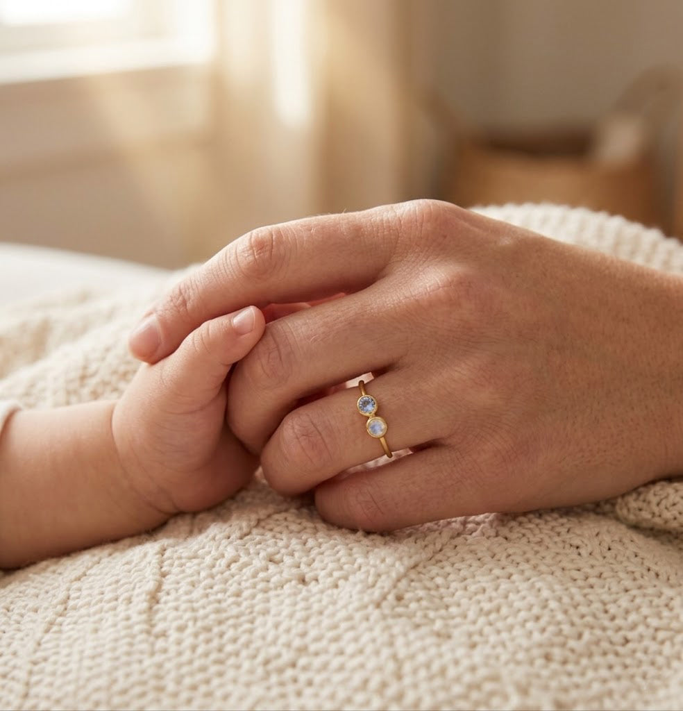 Personalized birthstone ring with two stones, meaningful mother jewelry gift