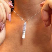 Sterling silver engraved vertical bar necklace on a dainty chain, personalized with date/coordinates or name—minimalist custom pendant for women, everyday jewelry and anniversary or bridesmaid gift.
