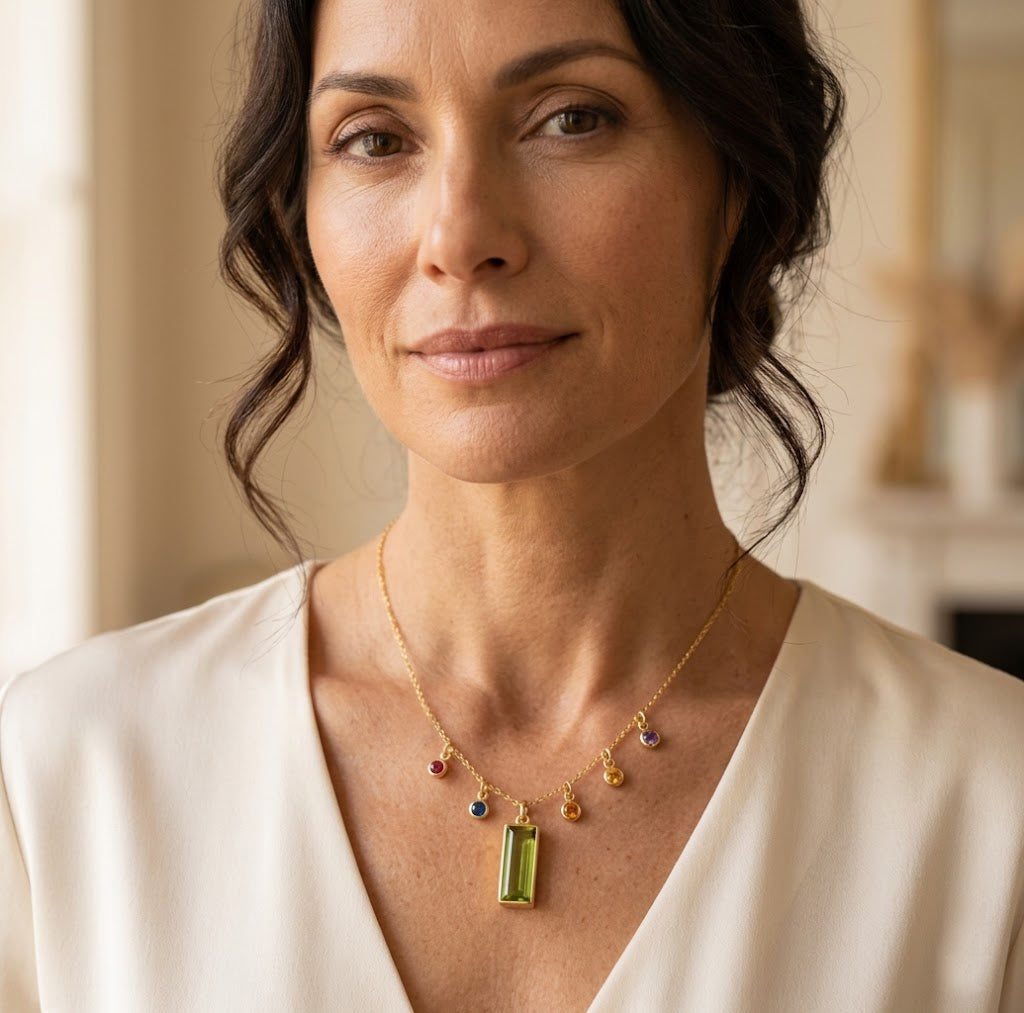 Elegant personalized birthstone necklace for mom with engraved bar pendant and small gemstone charms, styled on a model for everyday meaningful jewelry.