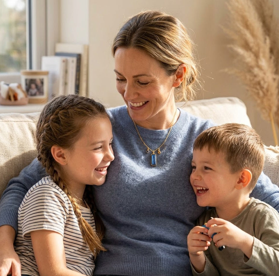 Grandma wearing a personalized birthstone necklace with family photos in the background, a thoughtful custom jewelry gift for grandmothers and mothers.