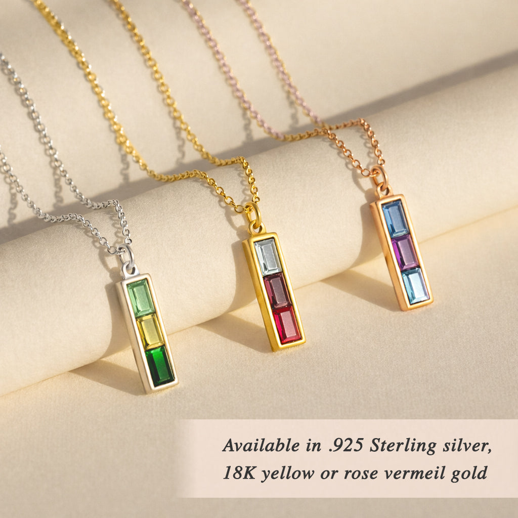 Gold and silver personalized birthstone bar necklaces with colorful gemstones – custom family jewelry for mom