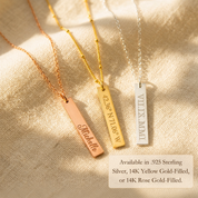 Personalized bar necklaces available in sterling silver, yellow gold-filled, and rose gold-filled