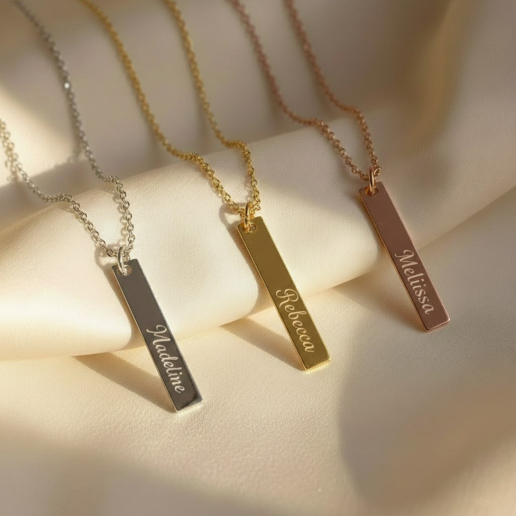 custom name bar necklace sterling silver gold and rose gold engraved vertical bar necklace minimalist jewelry