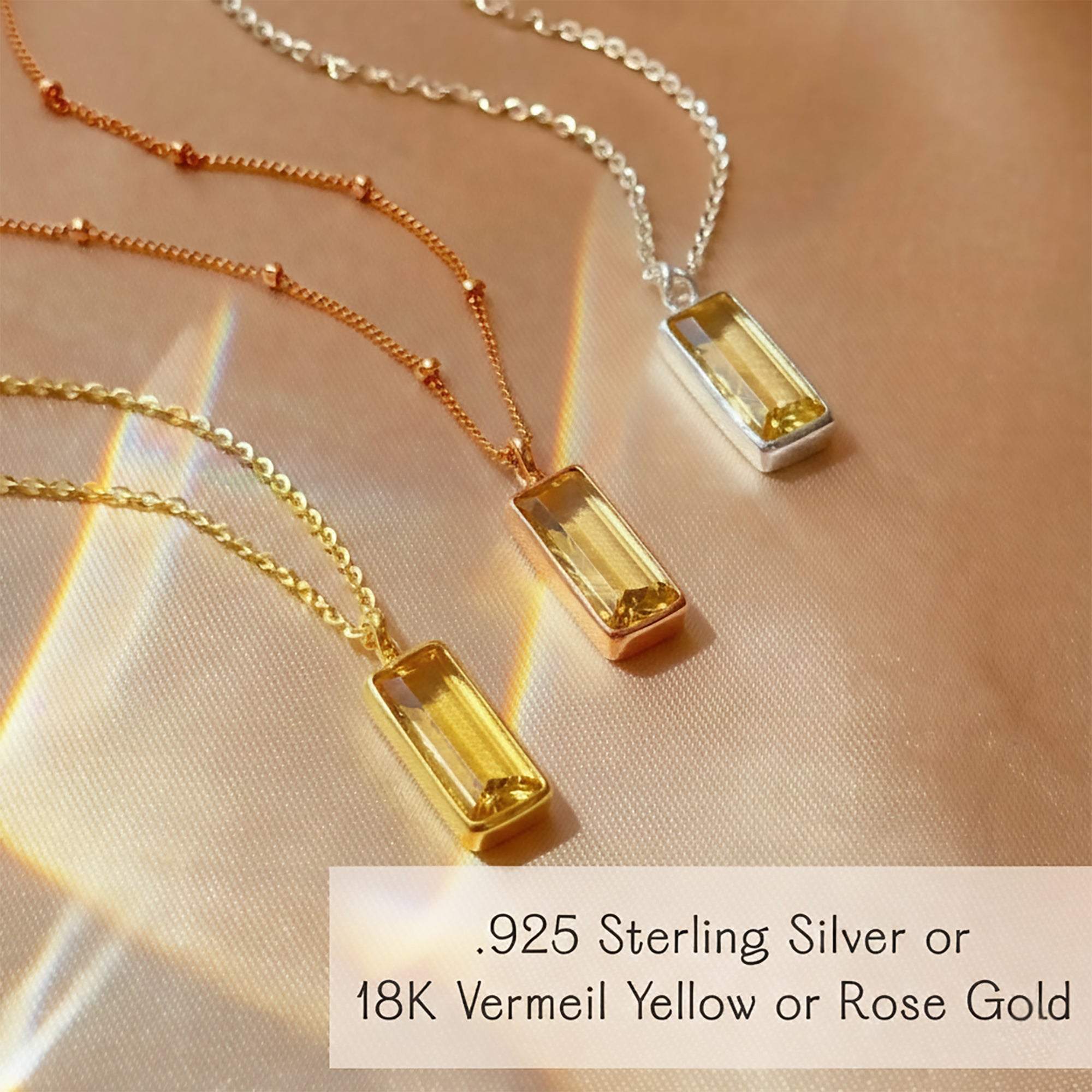 Citrine baguette necklace in 925 sterling silver 18K yellow gold and rose gold vermeil