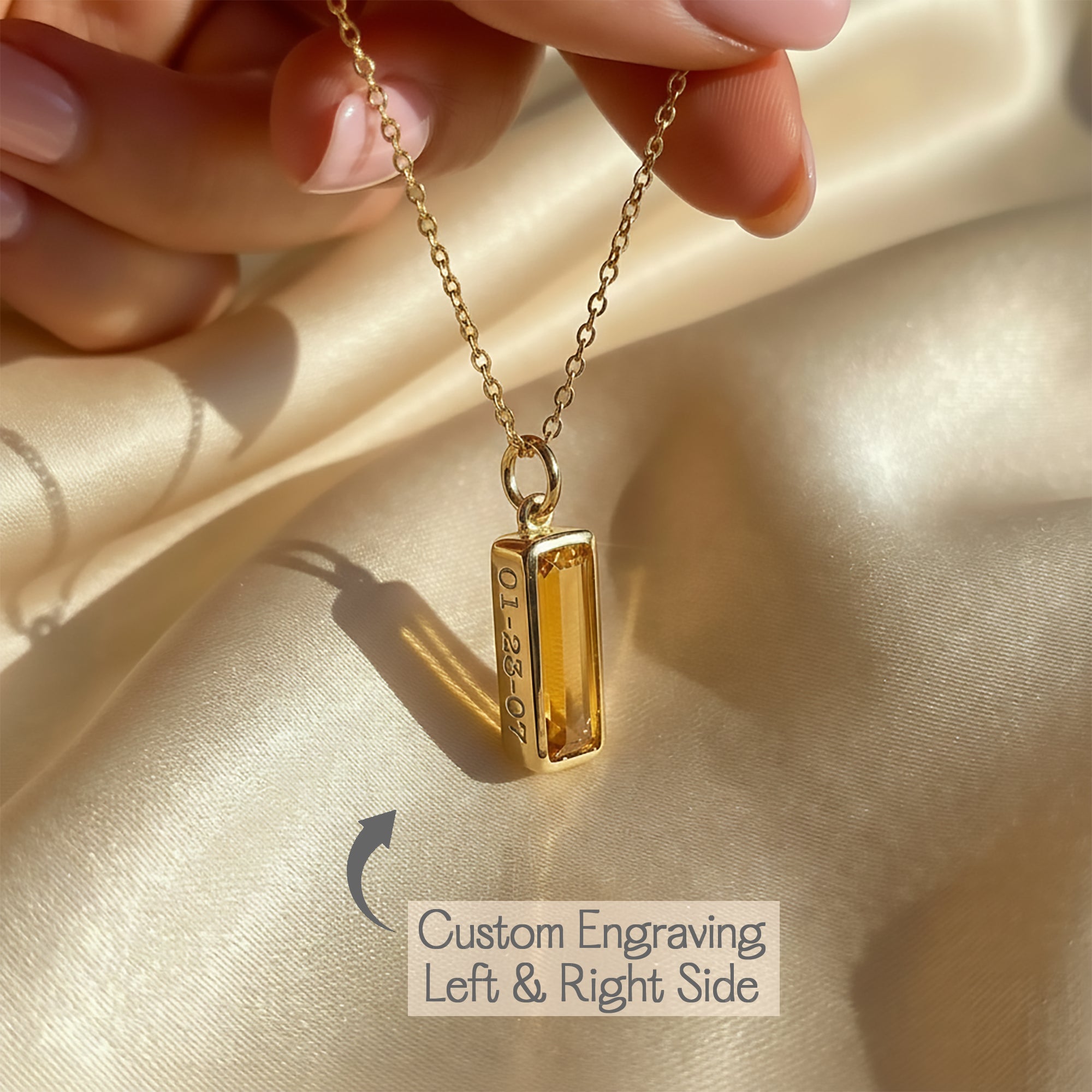 Citrine baguette pendant necklace with custom engraving on left and right side, hidden message jewelry