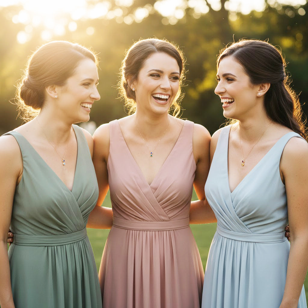 Bridesmaids wearing matching minimalist birthstone bar necklaces, personalized gemstone jewelry ideal for wedding parties, mothers of the bride, sisters, or best friends.