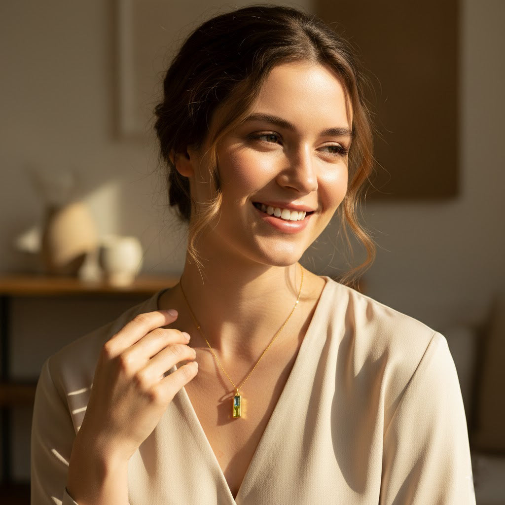 Model wearing custom vertical birthstone necklace for mom – personalized kids birthstone bar pendant on gold chain