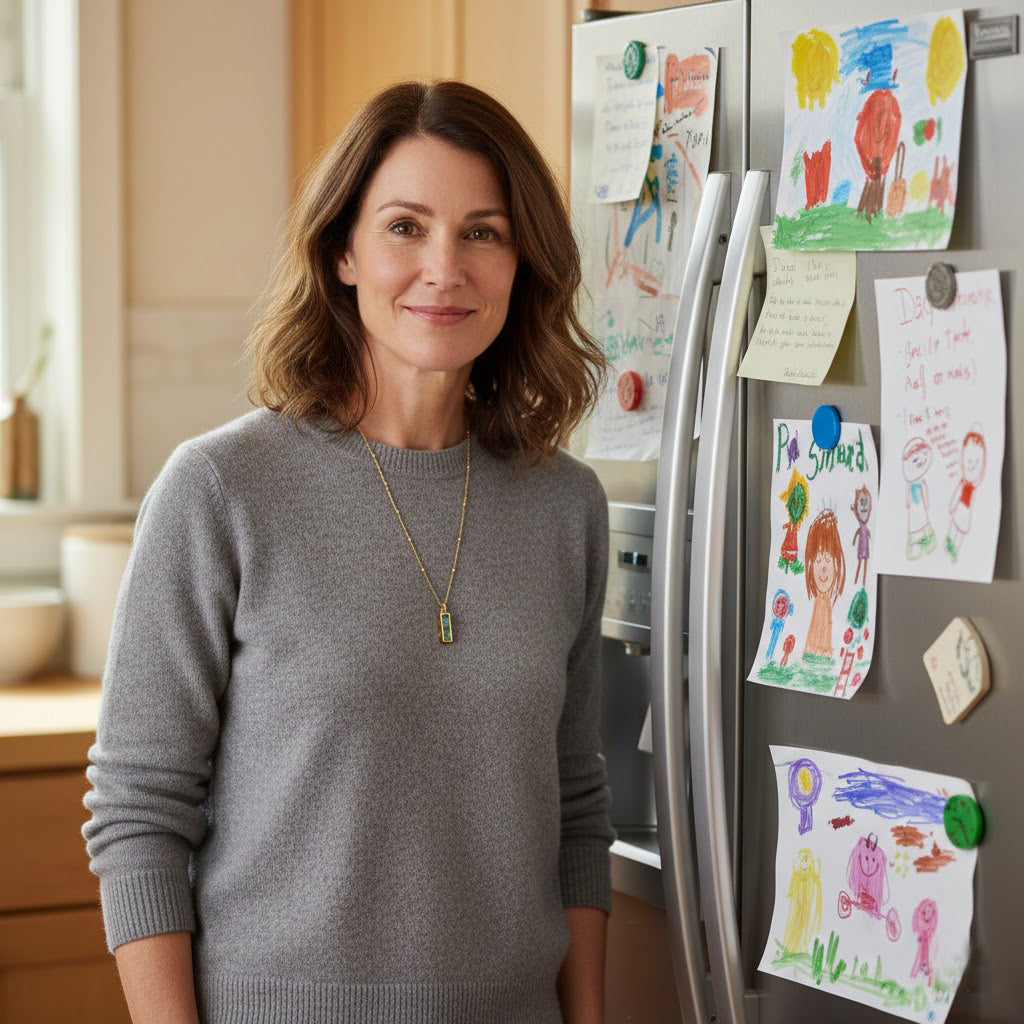 Mother wearing personalized birthstone necklace with vertical bar pendant – meaningful family jewelry gift for mom