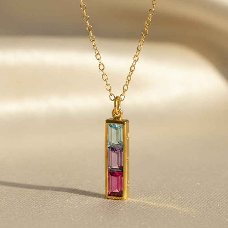Custom vertical birthstone bar necklace for mom with colorful gemstones on gold chain – personalized family birthstone necklace gift