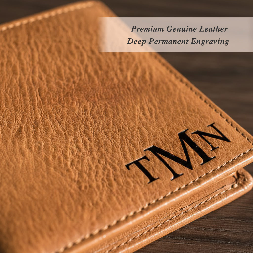 Close up of custom monogram engraved leather wallet showing deep laser engraving detail on natural grain leather surface