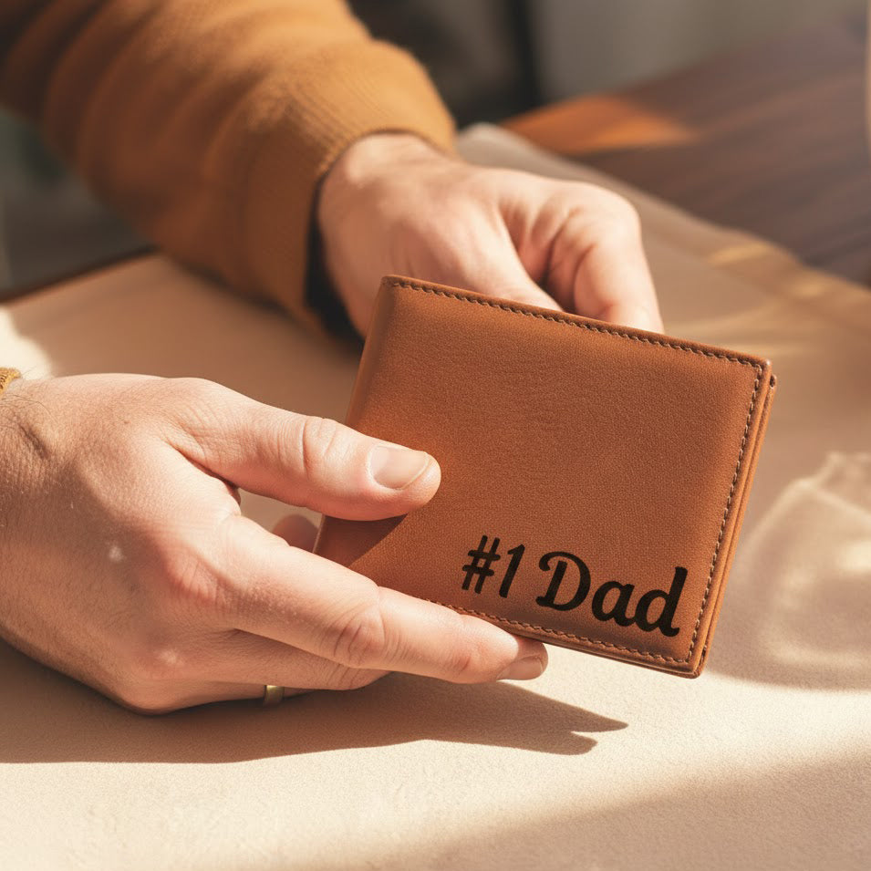 Custom engraved leather bifold wallet in hand, minimalist men’s personalized wallet gift for dad, husband or boyfriend, premium genuine leather