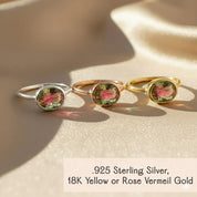 three watermelon tourmaline oval bezel rings shown side by side in yellow gold, rose gold and sterling silver finishes on a white background, each featuring a vibrant multicolor tourmaline gemstone as the October birthstone, customizable size and finish, minimalist stackable design crafted for daily wear or as layered set, thoughtful gift for women for birthdays, anniversaries or milestone celebrations.