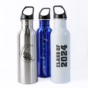 3 water bottles in white, blue and stainless steel sit against a white background. Custom engraved gift for him, going away gift for him, retirement gift, employee corporate gifts, engraved water bottle gift for him or her, fathers day gift for dad