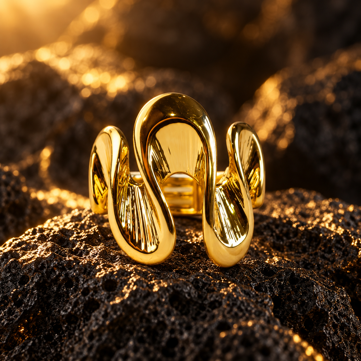Gold Shifting Waves adjustable ring with polished sculptural curves on dark textured stone
