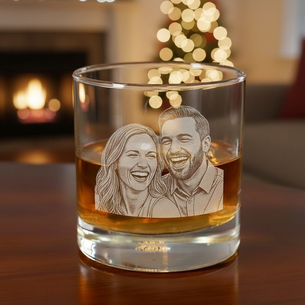 Custom portrait engraved whiskey glass with detailed couple illustration, personalized etched rocks glass gift for anniversary, wedding, or Valentine’s Day, premium whiskey gift for him.