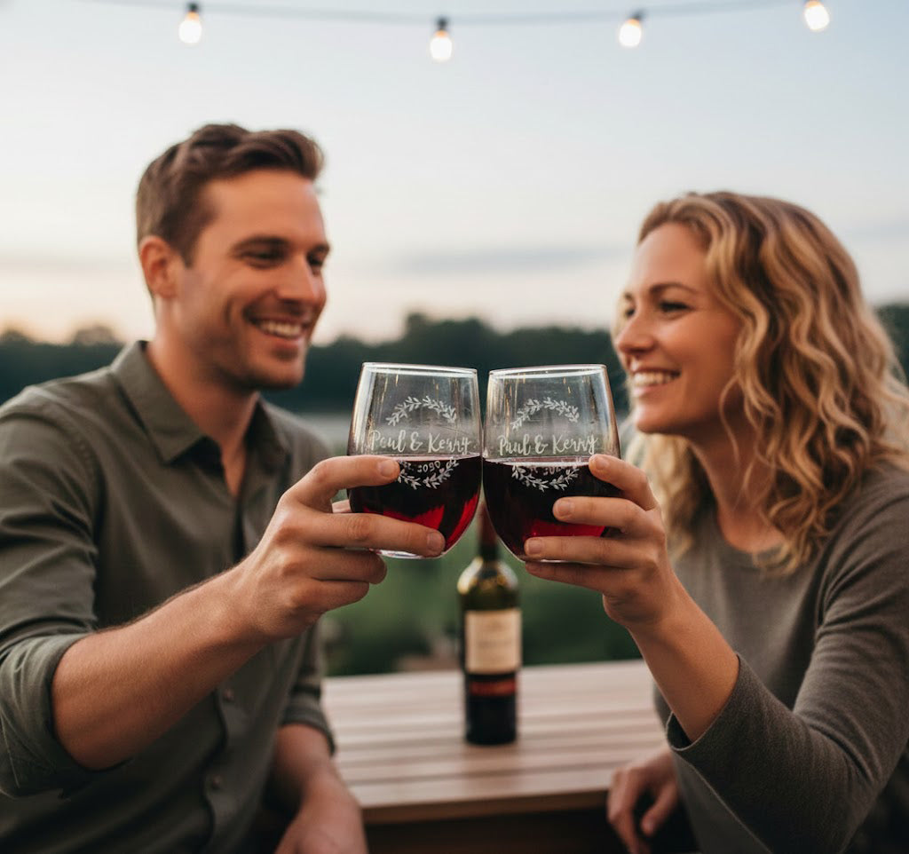 Personalized stemless wine glasses with custom engraved names and date, filled with red wine as a smiling couple toasts together on an outdoor patio at sunset; romantic etched wine glass set, perfect custom couples gift for wedding, anniversary or engagement.