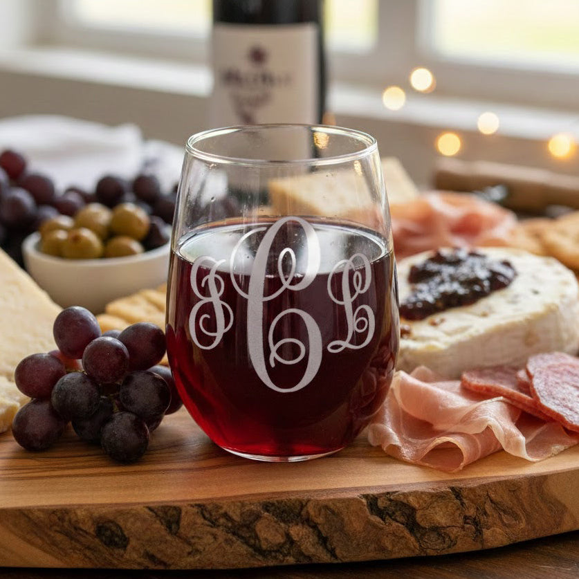 Personalized stemless wine glass with elegant engraved three-letter monogram filled with red wine, styled on a wooden charcuterie board with grapes, cheese, meats and olives; custom engraved wine glass gift for her, bridal shower, housewarming or anniversary.