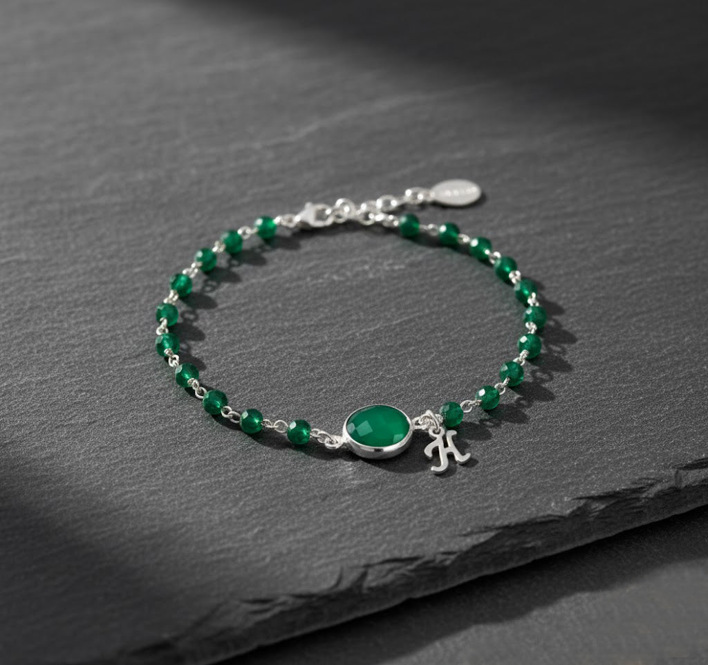 Emerald green birthstone bracelet with personalized initial charm, May birthstone jewelry in sterling silver and gold vermeil, elegant bridesmaid or wedding gift idea, handmade gemstone keepsake bracelet.