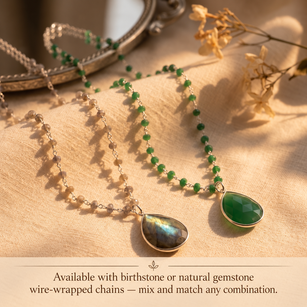 Green gemstone teardrop pendant necklace with coordinating wire wrapped chain

