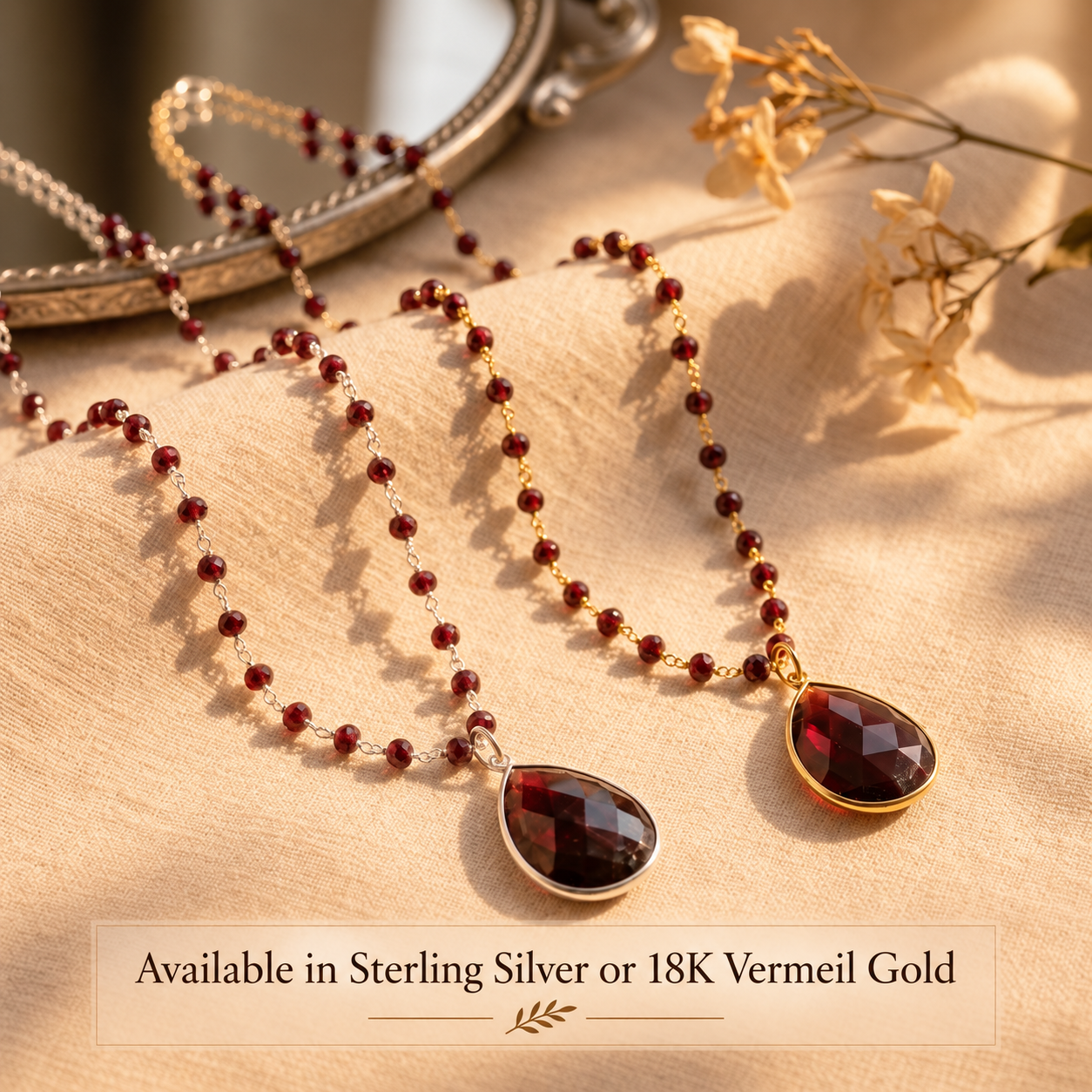 Red garnet teardrop birthstone necklace with hand wire wrapped gemstone chain
