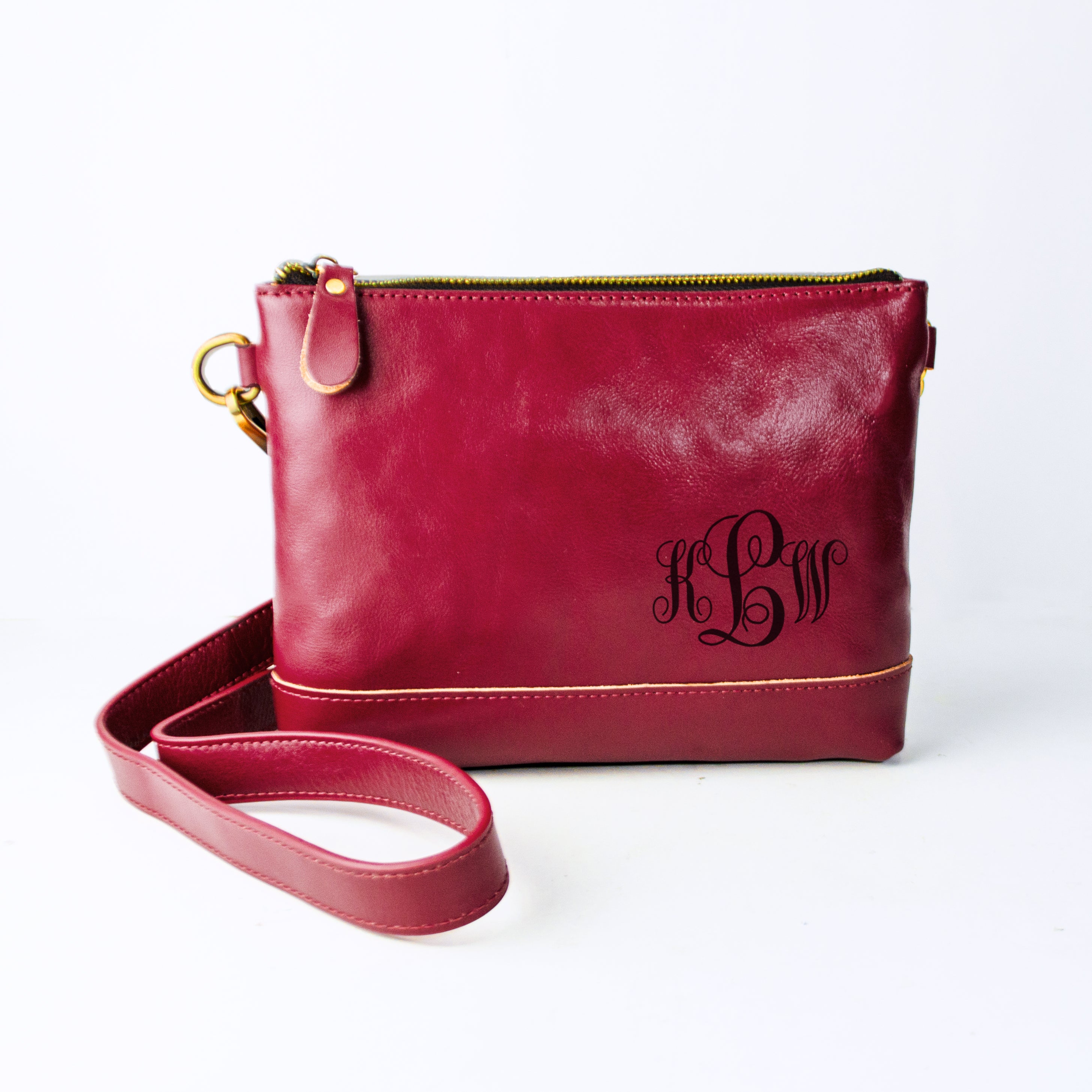 Raspberry Magenta Red Crossbody Purse with Removable Strap Engraved with a Cursive Swirly Custom Monogram. Genuine Leather Purse for Her, Custom Gifts for Women, Personalized Crossbody Bag.