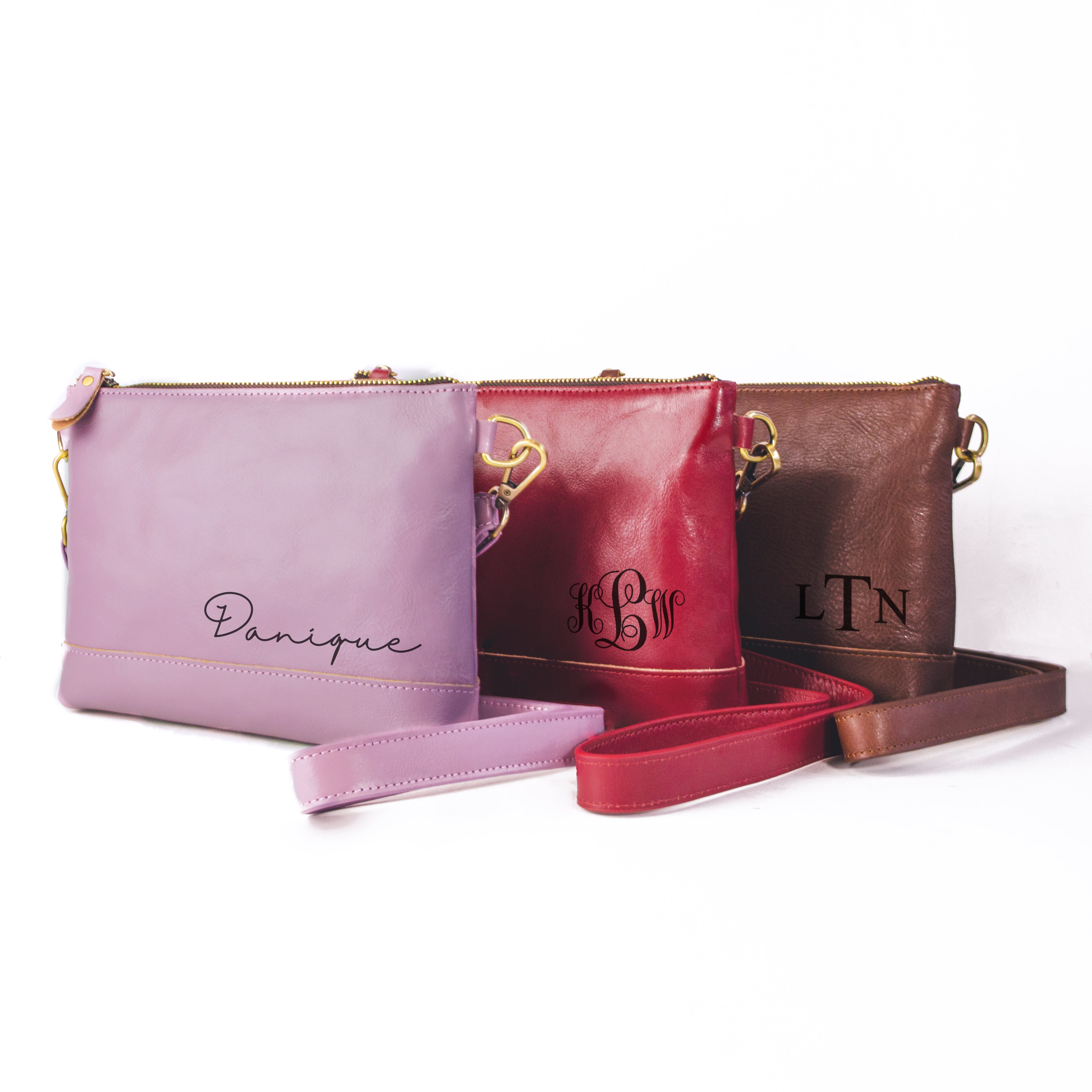 Three Genuine Leather Crossbody Bags Engraved with Names and Monograms. Lavender Purple Shoulder Bag with Engraved Name, Raspberry Red Crossbody Bag with Swirly Monogram, Espresso Brown Leather Purse with Serif Font Monogram