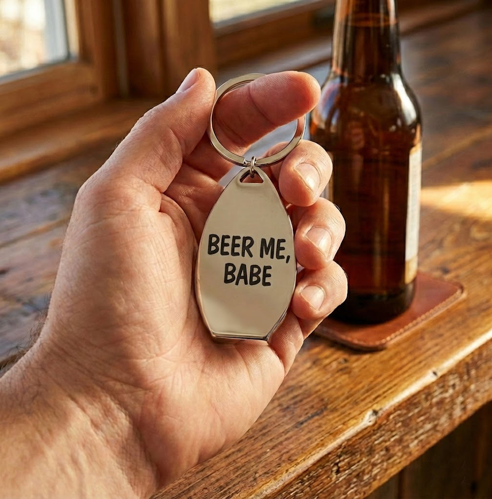 Personalized bottle opener keychain held in hand, featuring engraved stainless steel design with custom message. Practical engraved keychain gift for men, perfect for dads, husbands, groomsmen, or beer lovers.