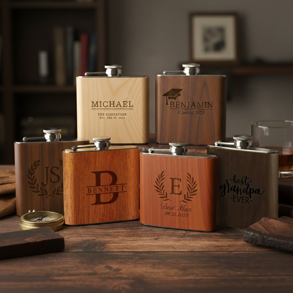 Collection of personalized engraved wooden flasks with custom names and monograms displayed on rustic table. Custom wooden flask gift for men, groomsmen, dads, and whiskey lovers.