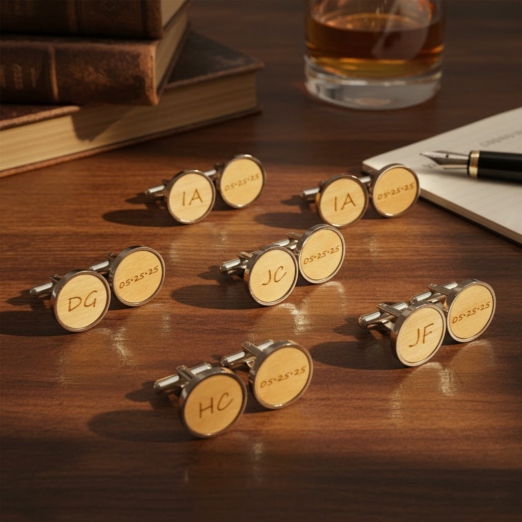 Assorted engraved cufflinks displayed on wood table, personalized initials and monogram cufflinks for groomsmen gifts.