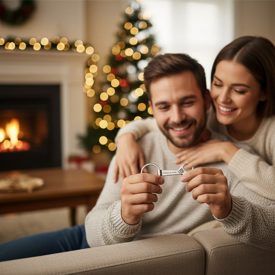 Couple relaxing by the Christmas tree as man holds a custom engraved wrench keychain, personalized with names, unique gift idea for boyfriend or husband, practical anniversary or Valentine’s Day present, stocking stuffer for him, sentimental keepsake.
