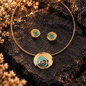 Boho evil eye spiral necklace and matching round stud earrings in turquoise and gold
