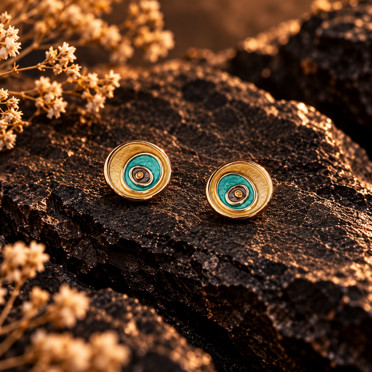 Boho turquoise and gold spiral stud earrings displayed beside green foliage